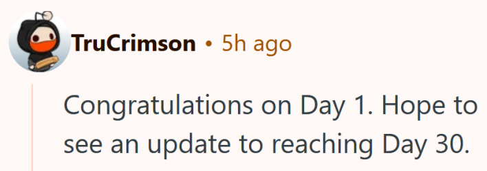 Reddit comment reading "Congratulations on Day 1. Hope to see an update to reaching Day 30."
