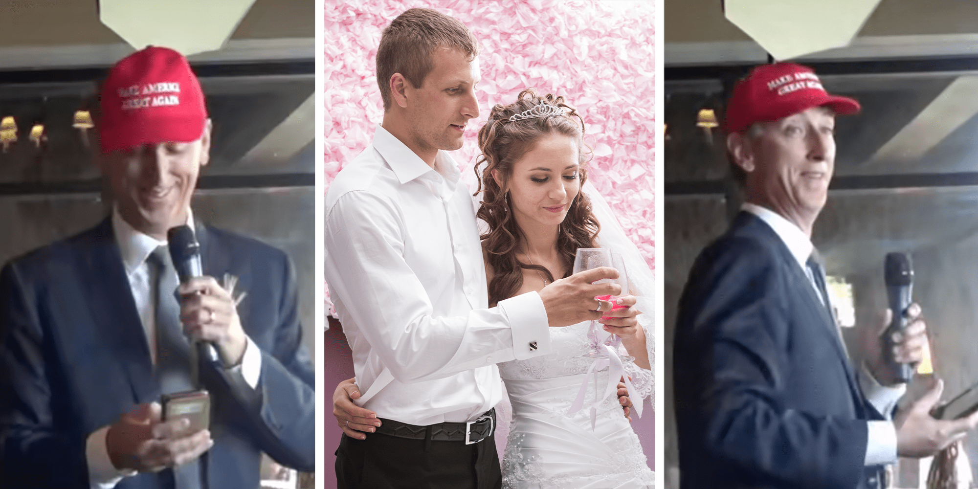 father wears maga hat durring wedding speech