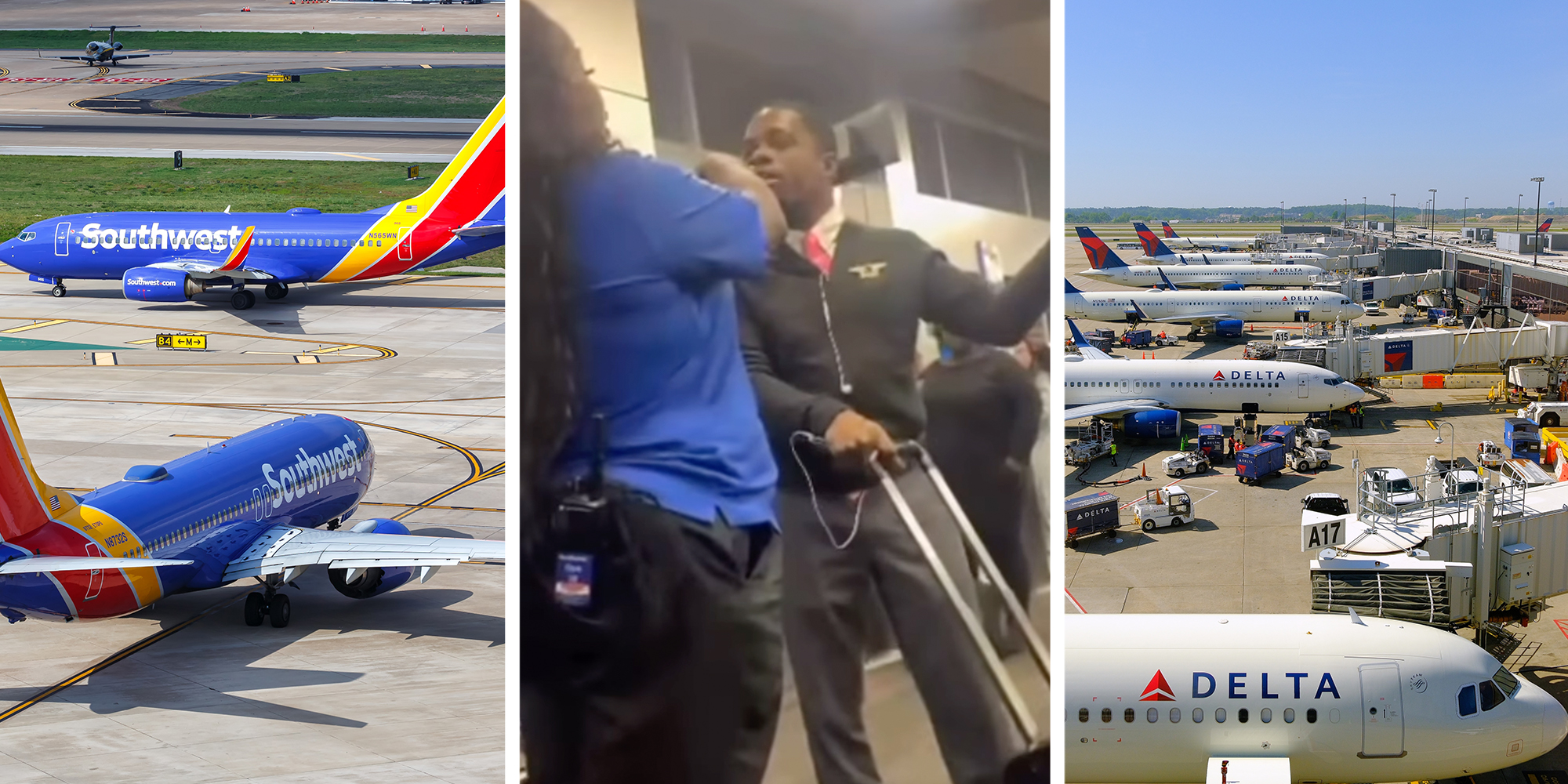 3 panel: Left: Southwest Boeing airplanes at Dallas Love Field Airport (DAL) in the United States. Middle: Delta flight attendant in a conflict with a Southwest gate agent. Right: April 20, 2023: Delta Air Lines, headquartered in Atlanta, operates over 5,000 flights daily in 54 countries. The company began in Macon, Georgia in 1924 as a crop duster.