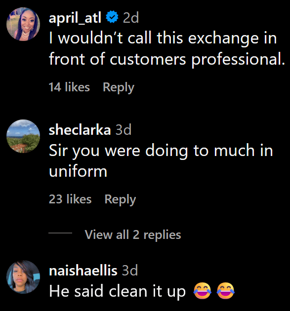 Instagram comments including one reading "I wouldn’t call this exchange in front of customers professional."