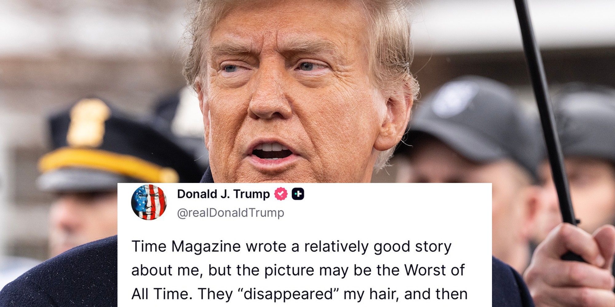 President Donald Trump Jr. speaks to the press after attending wake for NYPD officer Jonathan Diller at Massapequa Funeral Home in Massapequa Park, NY on March 28, 2024. Text overlay from Trump's Truth Social account reads, "Time Magazine wrote a relatively good story about me, but the picture may be the Worst of All Time."