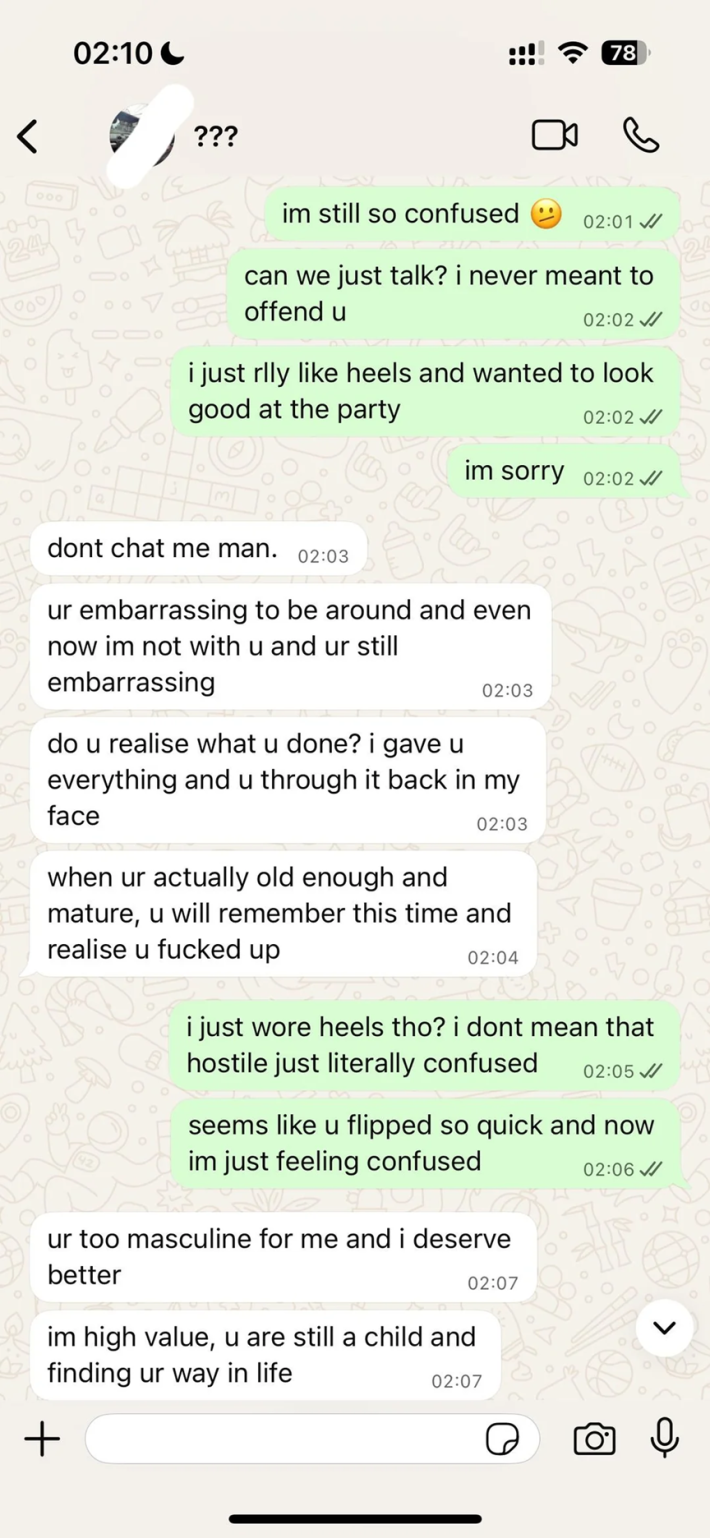 Text conversation screenshot about a breakup over a woman wearing high heels.