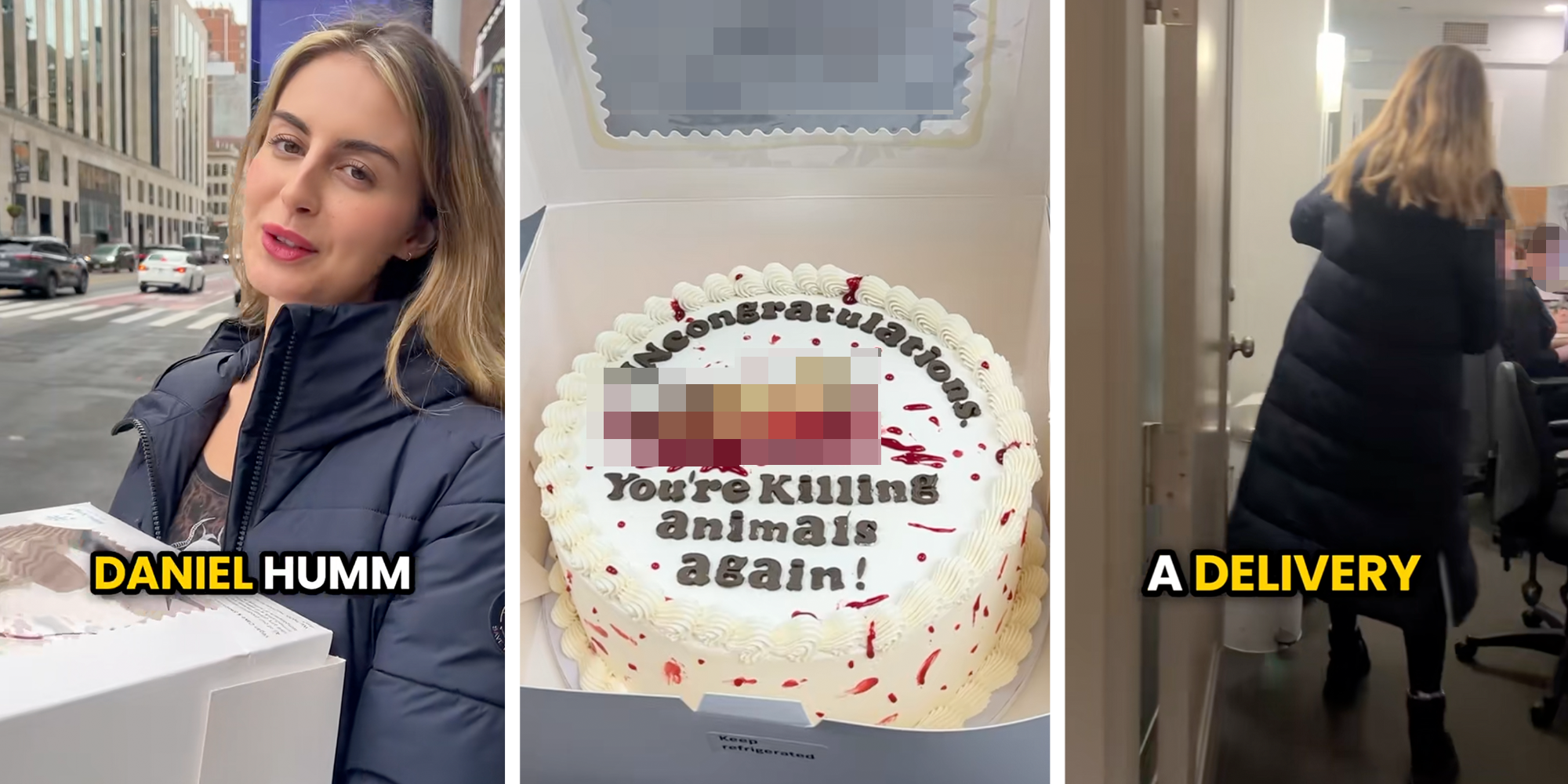 a woman holding a cake depicting a bloody duck that says "uncongratulations you're killing animals again"