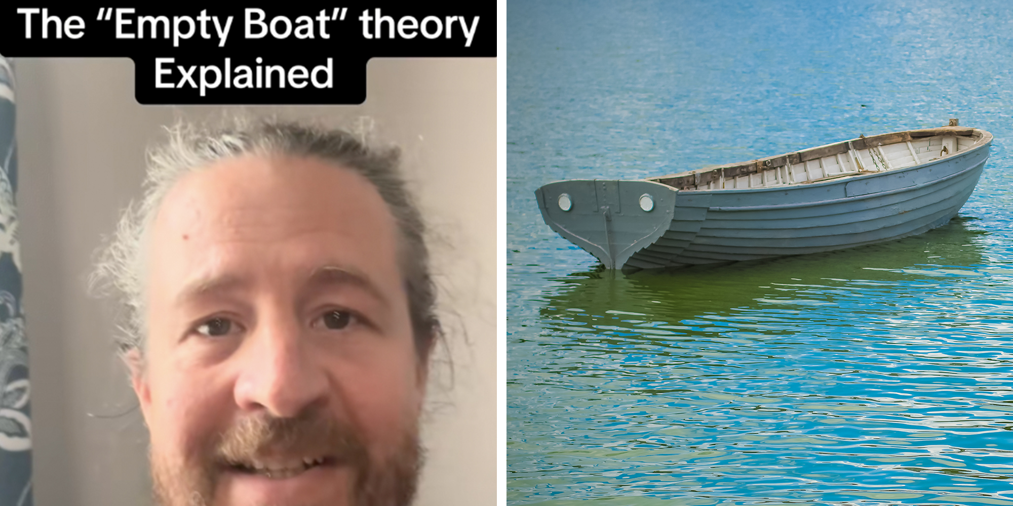 Left: Man looking into camera underneath text reading "The 'Empty Boat' theory explained." Right: Small empty boat on blue water surface