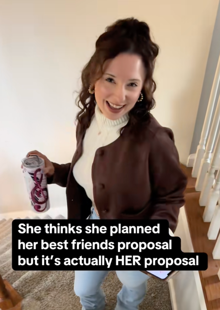 ali with onscreen text "she thinks she planned her best friend's proposal but it's actually HER proposal."