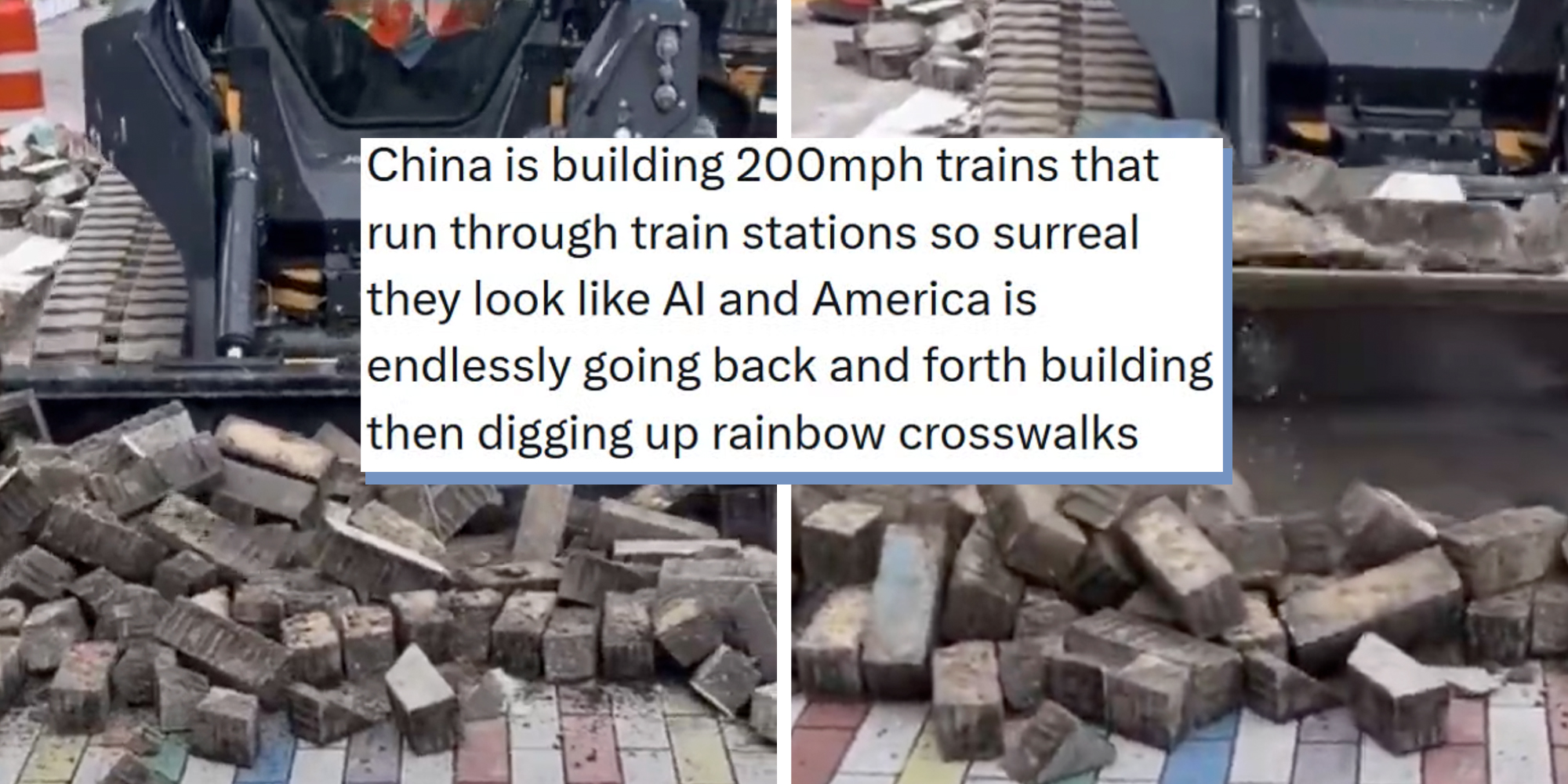 Miami Beach rainbow sidewalk being destroyed by heavy machinery. Tweet overlay reads, "China is building 200mph trains that run through train stations so surreal they look like AI and America is endlessly going back and forth building then digging up rainbow crosswalks"