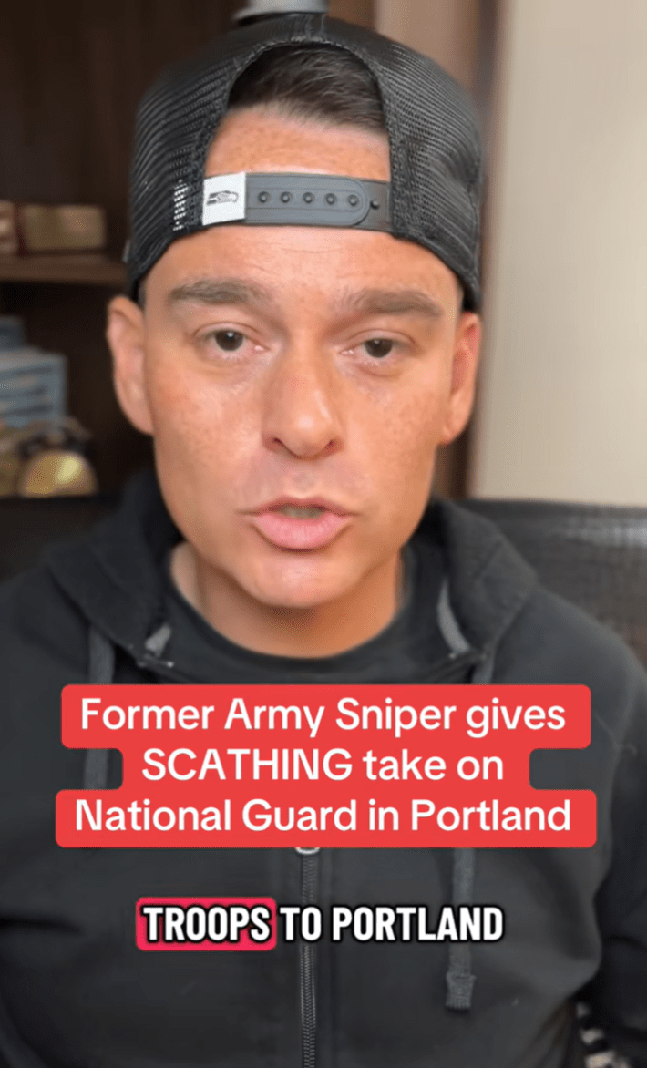 Tan man with a backwards baseball cap talking to the camera. Text overlay reads, "Former Army Sniper gives SCATHING take on National Guard in Portland."