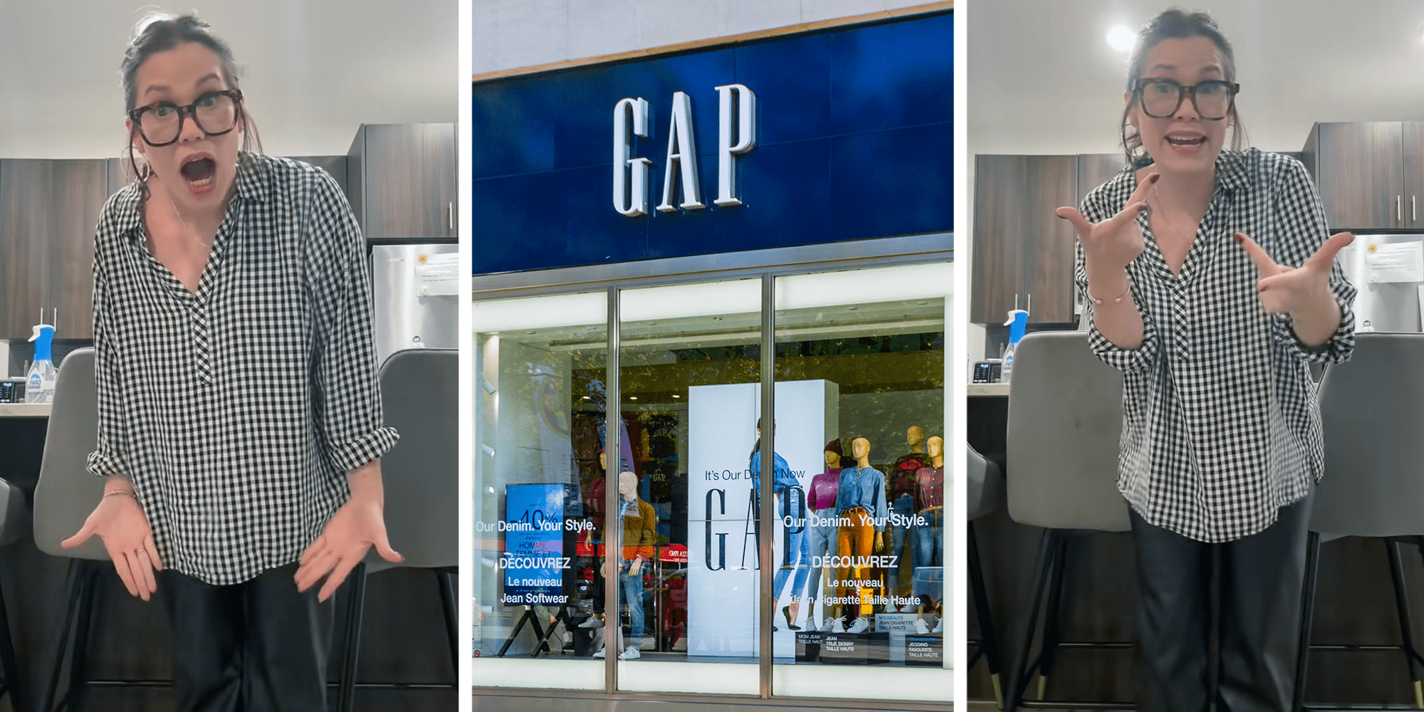 woman demonstrating how gap leather pants make fart noises