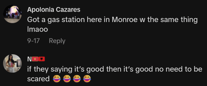 TikTok comments including one reading "Got a gas station here in Monroe w the same thing lmaoo"