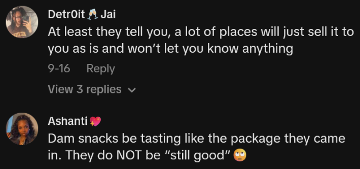 TikTok comments including one reading "At least they tell you, a lot of places will just sell it to you as is and won’t let you know anything"