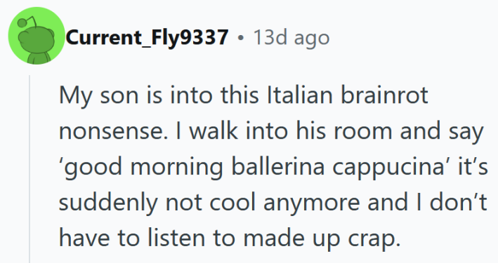 Reddit comment reading "My son is into this Italian brainrot nonsense. I walk into his room and say ‘good morning ballerina cappucina’ it’s suddenly not cool anymore and I don’t have to listen to made up crap."