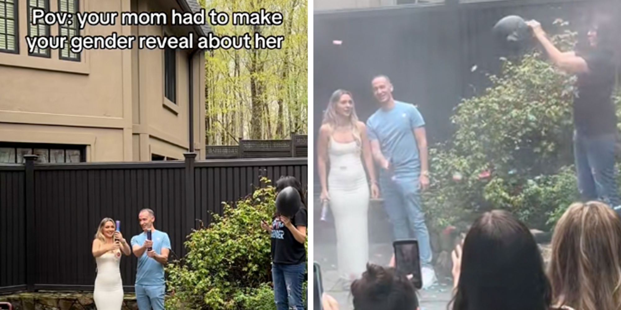 Instagram model and TikTok creator Gianna Wulf standing next to her husband at her gender reveal party. Caption overlay reads, "Pov your mom had to make your gender reveal about her."
