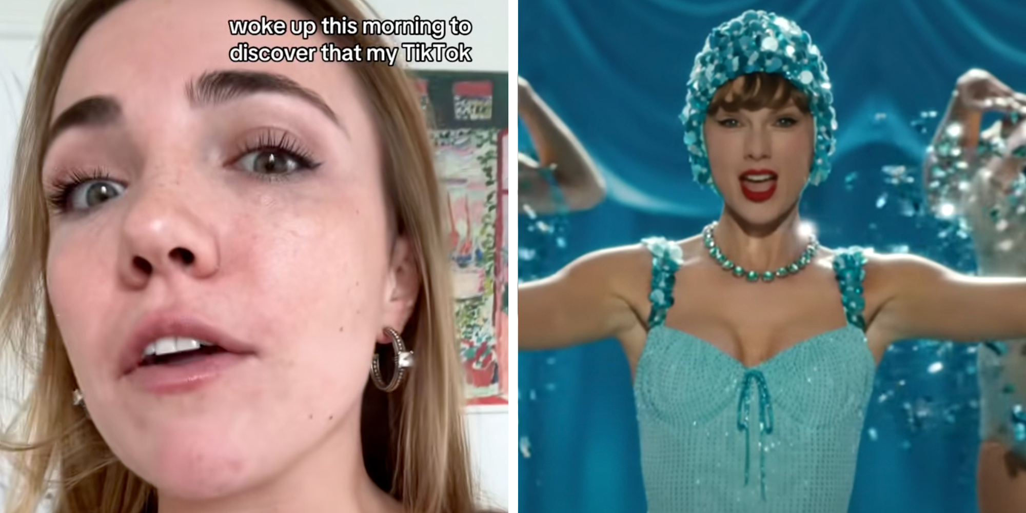 Left: Comedian Caroline Timoney (@carol.in3) explained in a recent video posted to the platform that she was the first person to come up with the phrase “girlbossed too close to the sun” in 2021. Right: Taylor Swift in a blue costume in a music video.