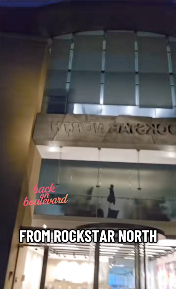 Video showing the front of an office building for the games studio Rockstar North.