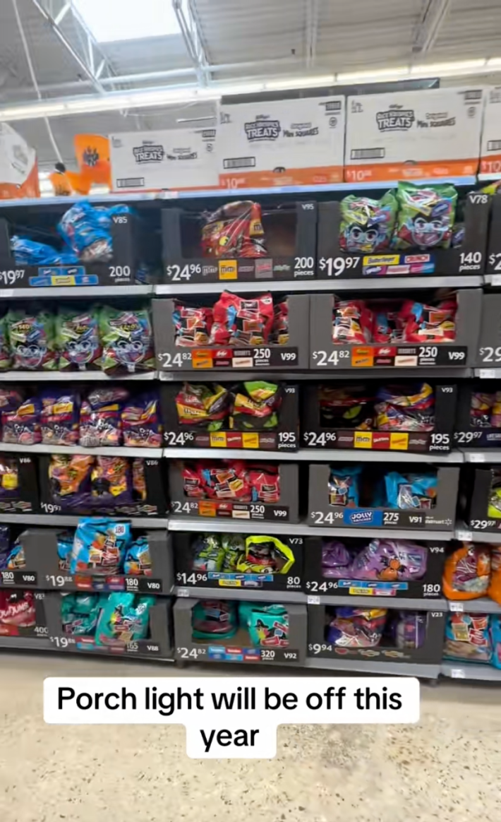 Screenshot of a grocery store video showing the high prices of Halloween candy.
