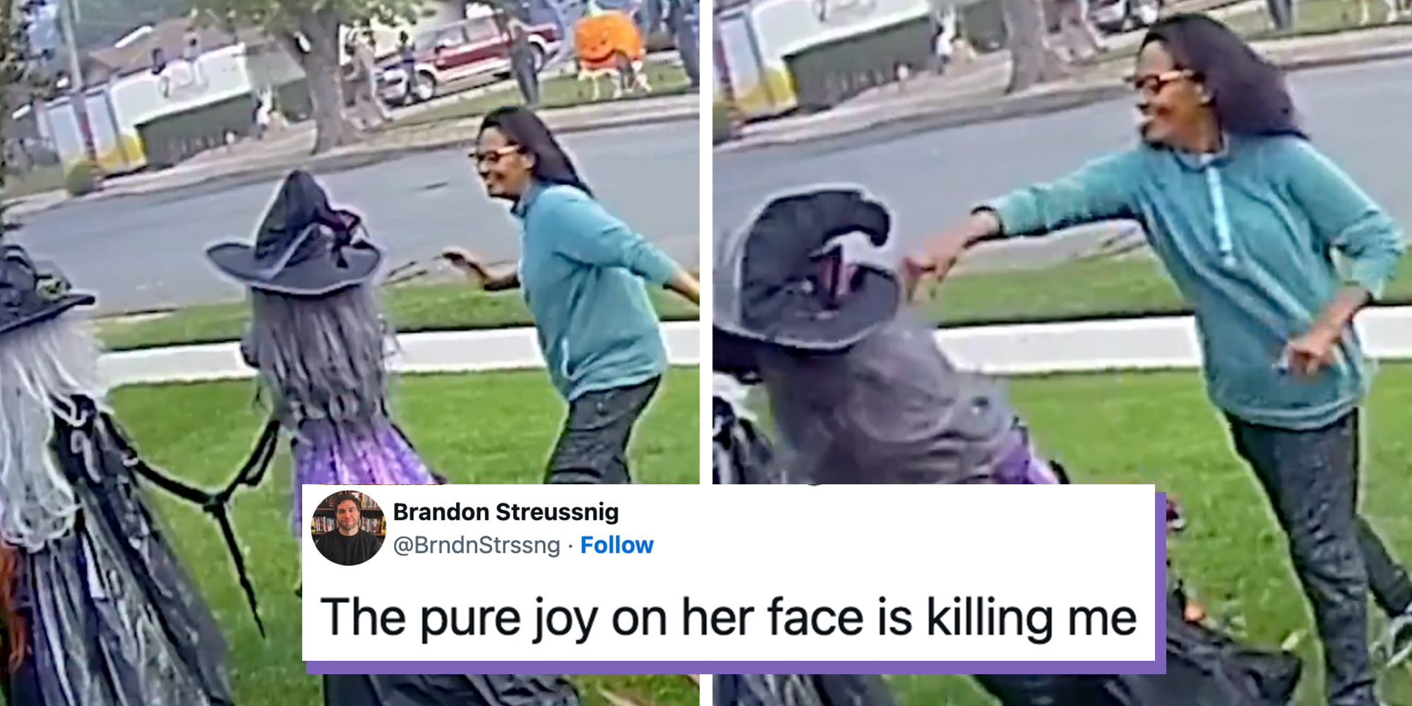 Ring screenshots of a woman jogger gleefully punching a witch decoration in a yard. Tweet text overlay reads, "The pure joy on her face is killing me."