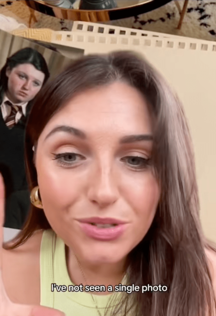 The woman in front of a greenscreened screenshot of a Hogwarts student.