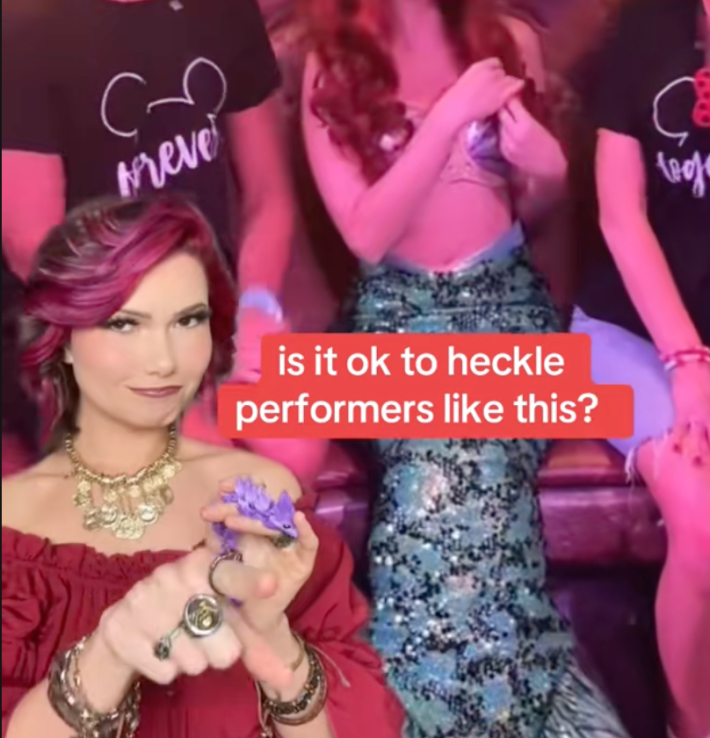 @kayla.g21/TikTok stich of influencer heckling the little mermaid "is it okay to heckle performers like this?"