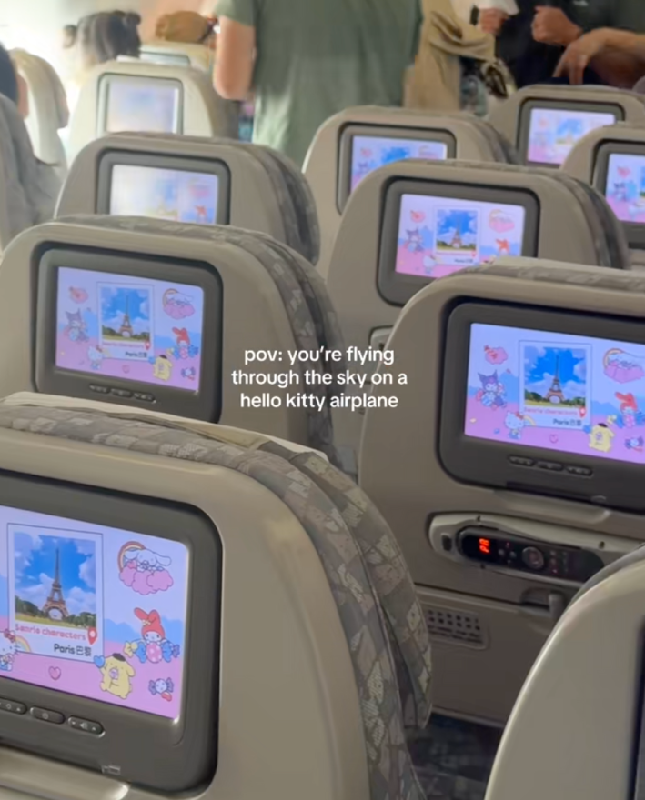 hello kitty cartoon on headrest screens on a hello kitty flight with on screen text: “POV: you’re flying through the sky on a Hello Kitty plane.”