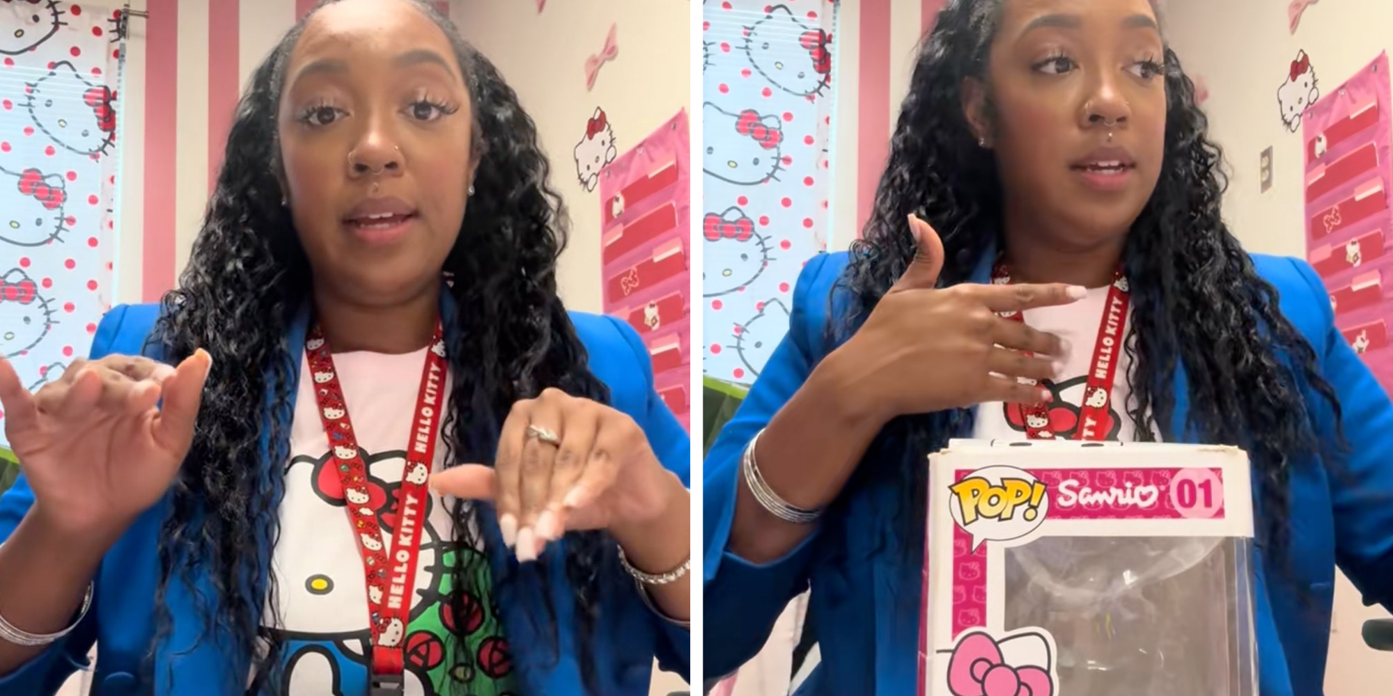 Teacher in a Hello Kitty lanyard and blue blazer displaying an empty Hello Kitty Funko pop box, the figuring having been stolen by a student.