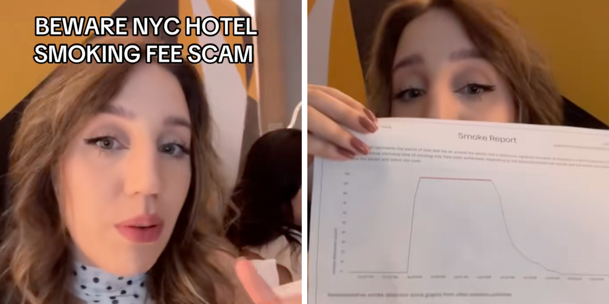 Woman looking into the camera while sitting in a hotel room, text overlay reads, "Beware NYC hotel smoking fee scam."