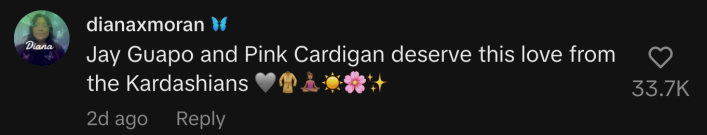 “Jay Guapo and Pink Cardigan deserve this love from the Kardashians 🩶🧥🧘🏽‍♀️☀️🌸✨”