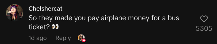 “So they made you pay airplane money for a bus ticket? 👀”