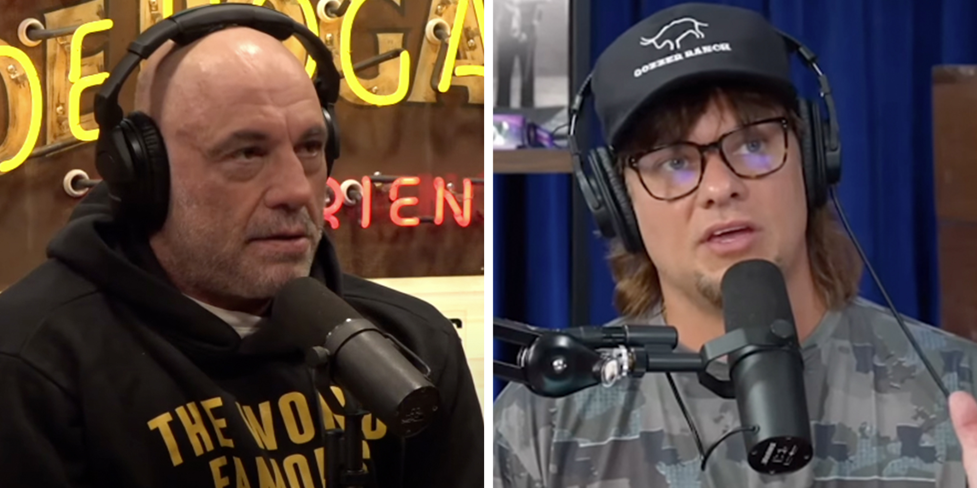 Left: Podcast host Joe Rogan on the set of his show, The Joe Rogan Experience. Right: Comedian and podcast host Theo Von speaking into a microphone.