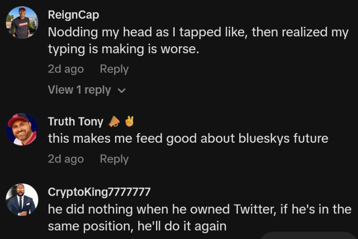 TikTok comments including one reading "Nodding my head as I tapped like, then realized my typing is making is worse."