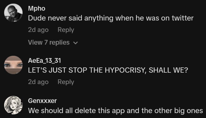 TikTok comments including one reading "Dude never said anything when he was on twitter"