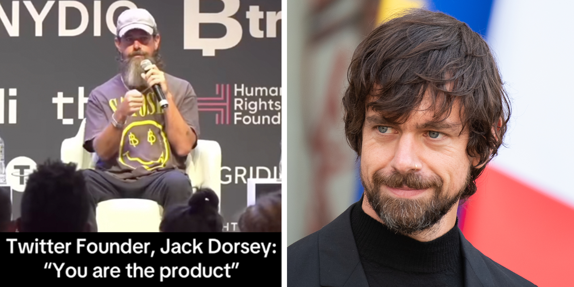 Left: Twitter founder Jack Dorsey in a hat and beard speaking into a microphone at the Africa Bitcoin Conference 2024. Right: CEO of Twitter Jack Dorsey at Elysee Palace in 2019.