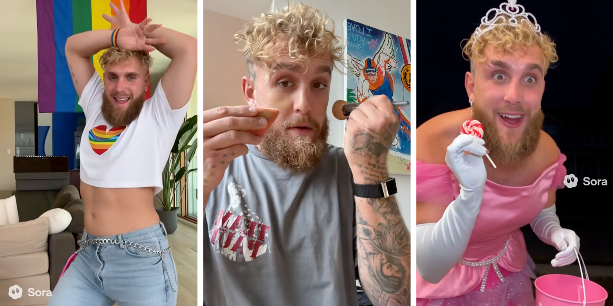 jake paul dancing, jake paul putting on makeup, and jake paul in a dress