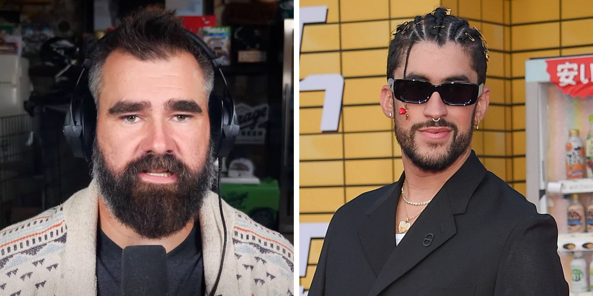 Left: Jason Kelce speaking into a mic on his podcast, New Heights. Right: Bad Bunny arrives for the Hollywood premiere of ‘Bullet Train’ on August 01, 2022 in Westwood, CA