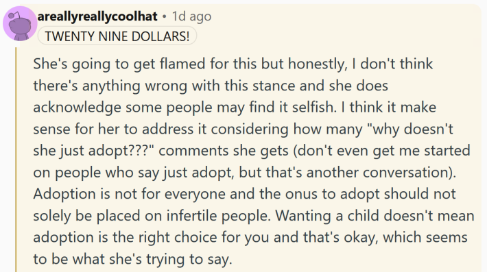 Reddit comment reading "She's going to get flamed for this but honestly, I don't think there's anything wrong with this stance and she does acknowledge some people may find it selfish. I think it make sense for her to address it considering how many "why doesn't she just adopt???" comments she gets (don't even get me started on people who say just adopt, but that's another conversation). Adoption is not for everyone and the onus to adopt should not solely be placed on infertile people. Wanting a child doesn't mean adoption is the right choice for you and that's okay, which seems to be what she's trying to say."
