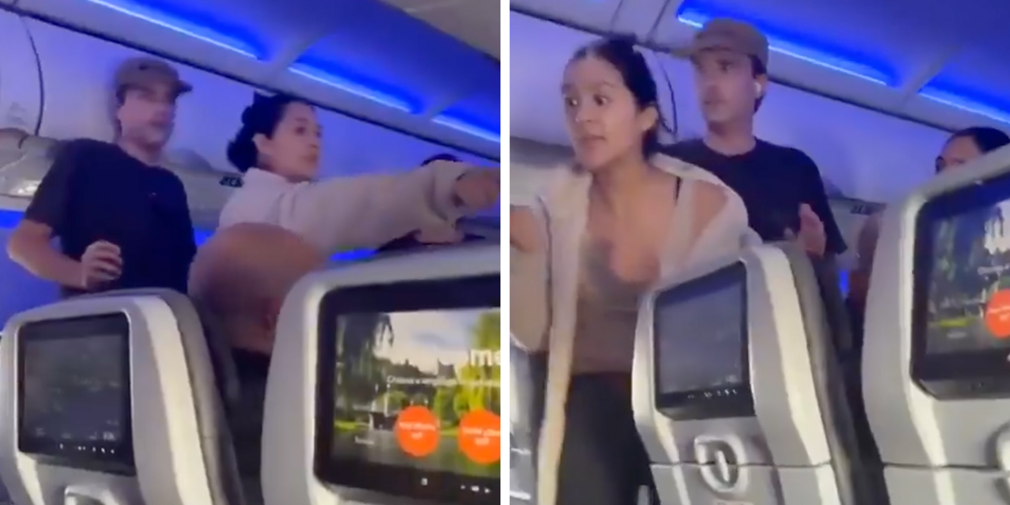 JetBlue passenger pointing at the Emergency door.