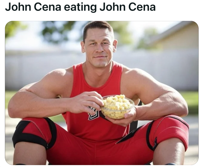 John Cena holding a potato salad.