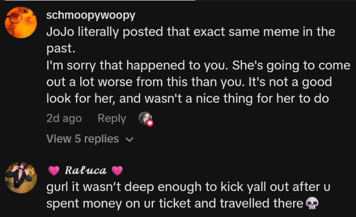 TikTok comments including one reading "JoJo literally posted that exact same meme in the past. I'm sorry that happened to you. She's going to come out a lot worse from this than you. It's not a good look for her, and wasn't a nice thing for her to do"