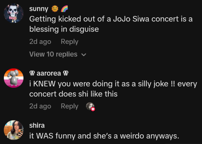 TikTok comments including one reading "Getting kicked out of a JoJo Siwa concert is a blessing in disguise"