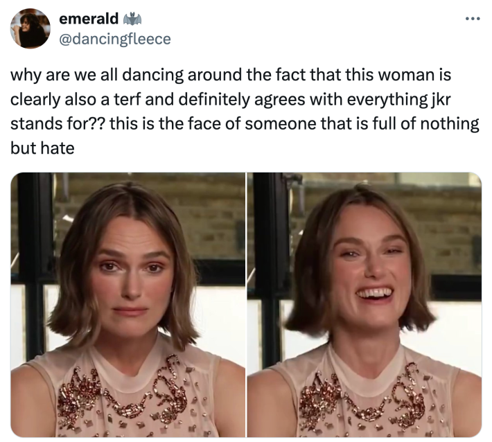 Tweet that reads, "why are we all dancing around the fact that this woman is clearly also a terf and definitely agrees with everything jkr stands for?? this is the face of someone that is full of nothing but hate"