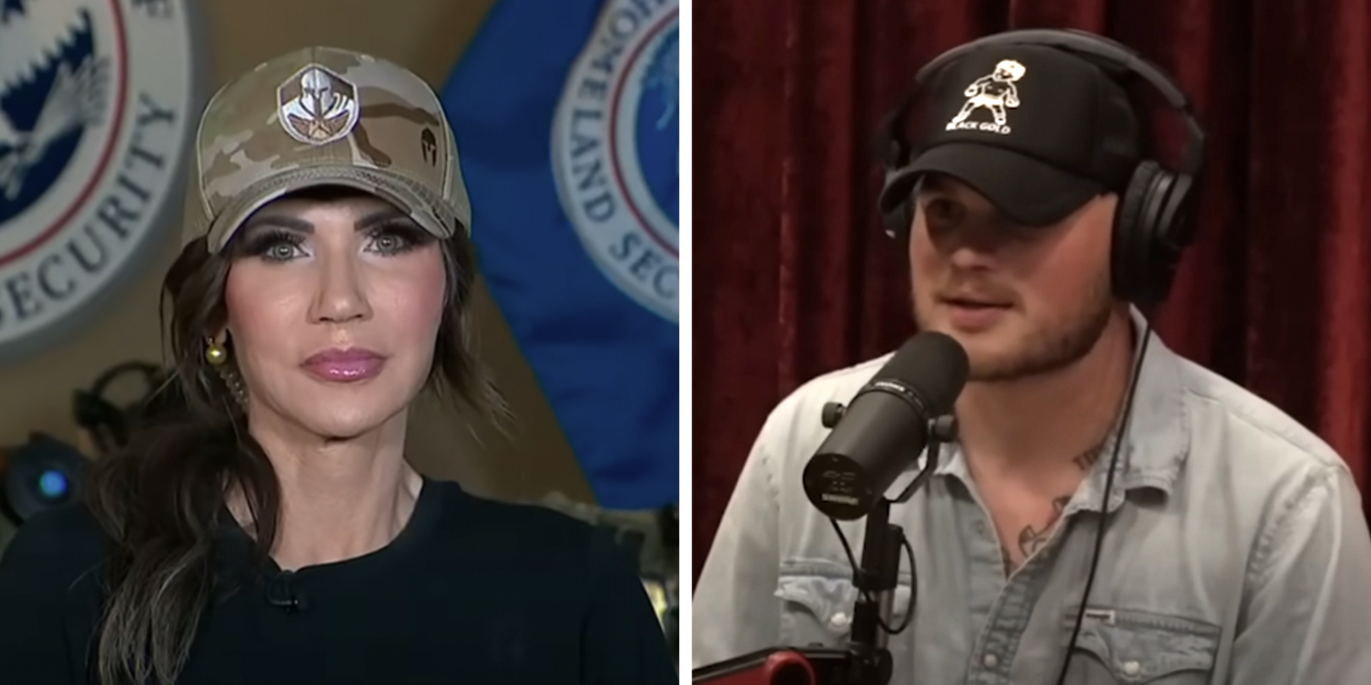 Left: Homeland Security Secretary Kristi Noem. Right: Country star Zach Bryan in a black cap speaking into a microphone during an appearance on the Joe Rogan Experience podcast.