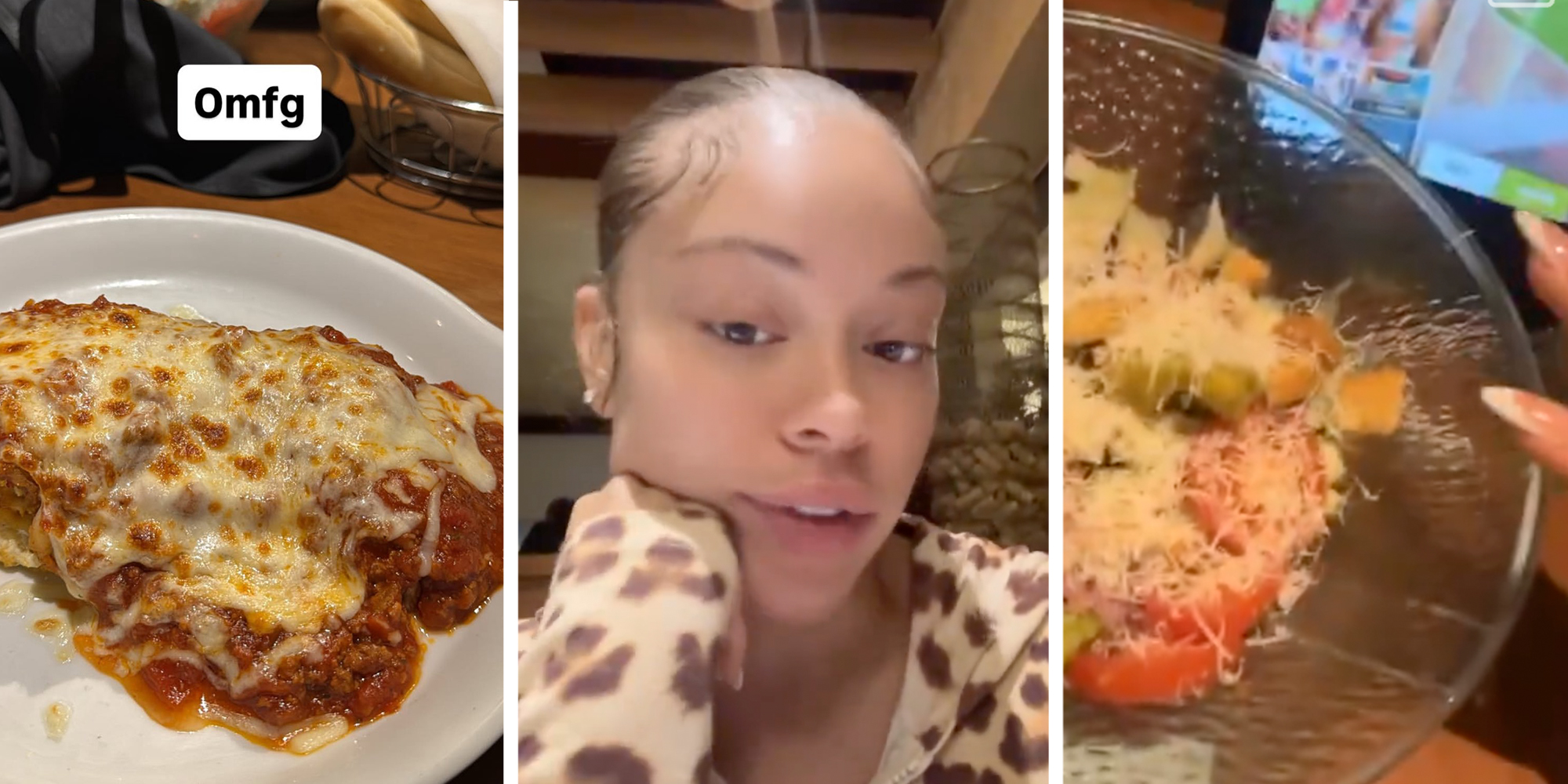 3 panel: Left: Chicken parmesan plate at Olive Garden. Middle: Latto looking into the camera. Right: Latto's fingers pointing to salad at Olive Garden.