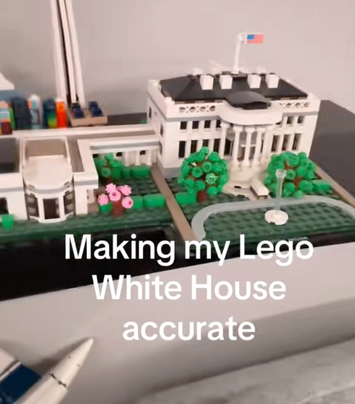 @tychai_latte /TikTok, Lego model white house with east wing removed and onscreen text, "making my lego white house accurate"