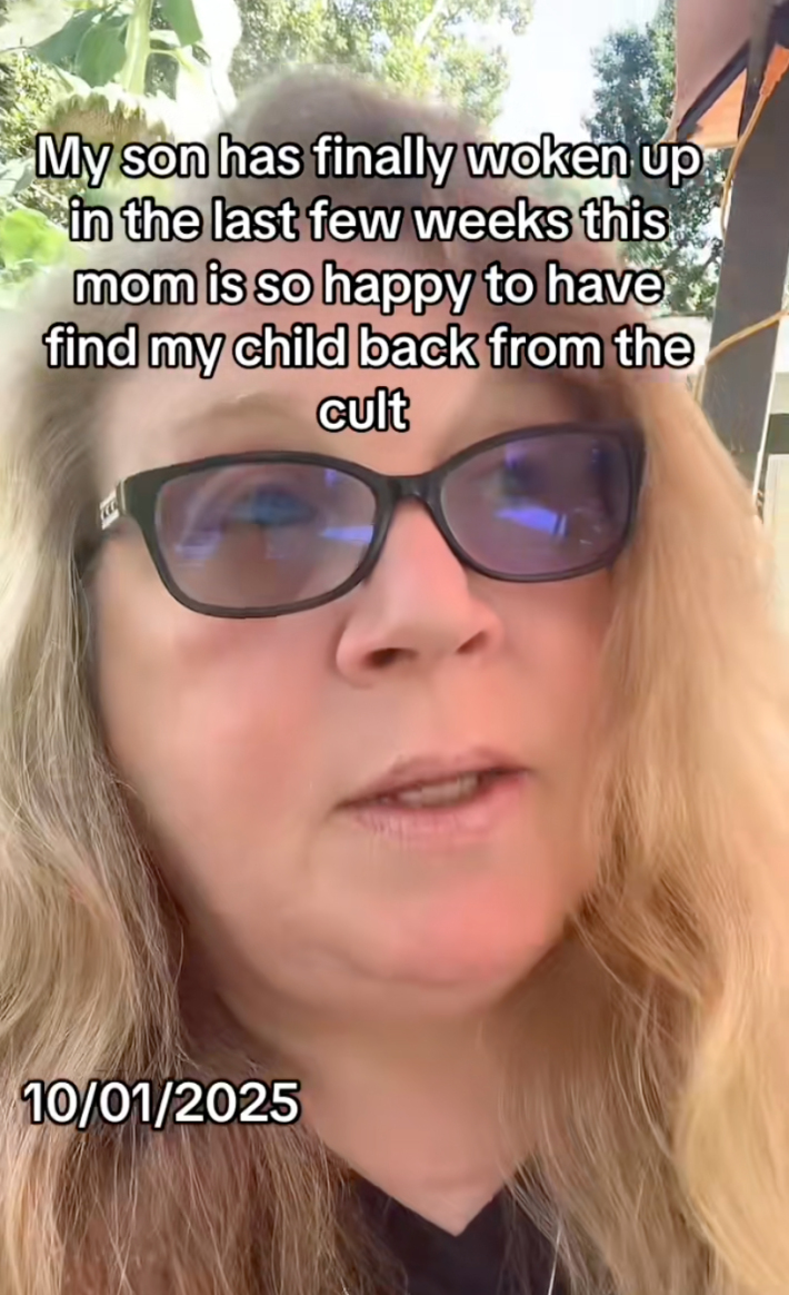 A woman with blonde hair and transition sunglasses looking off camera. Text overlay reads, "My son has finally woken up in the last few weeks this mom is so happy to have find my child back from the cult."