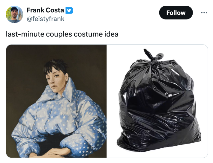Lily Allen "West End Girl" meme that reads, "last-minute couples costume idea" with a painting of Allen next to a full trash bag.