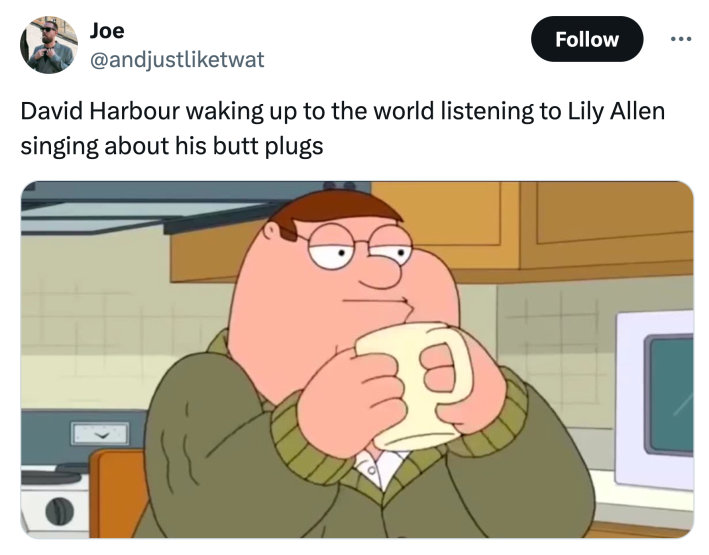 Lily Allen "West End Girl" meme that reads, "David Harbour waking up to the world listening to Lily Allen singing about his butt plugs" with a screencap of Peter Griffin drinking from a mug with a cozy sweater on.