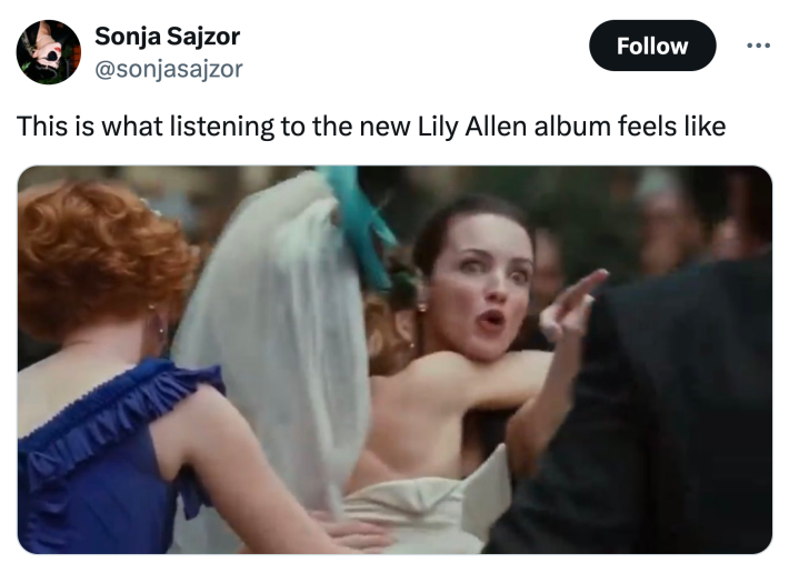 Lily Allen "West End Girl" meme that reads, "This is what listening to the new Lily Allen album feels like" with a photo of a woman screaming and being held back from someone.