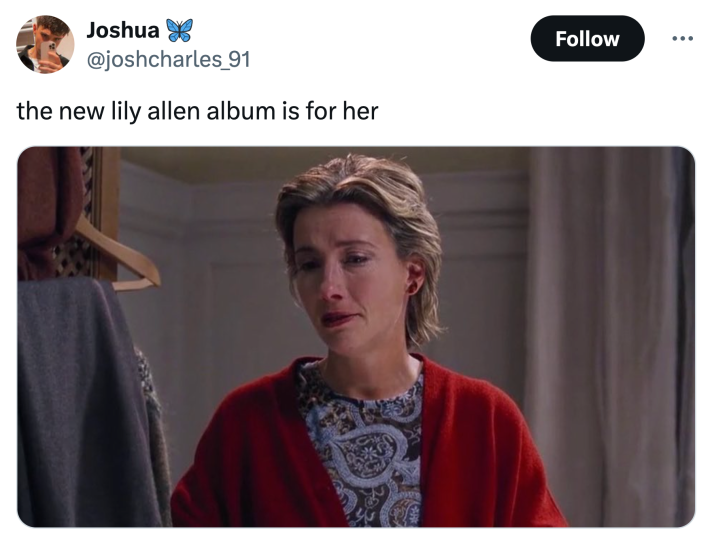 Lily Allen "West End Girl" meme that reads, "the new lily allen album is for her" with a screencap of Karen from Love Actually.