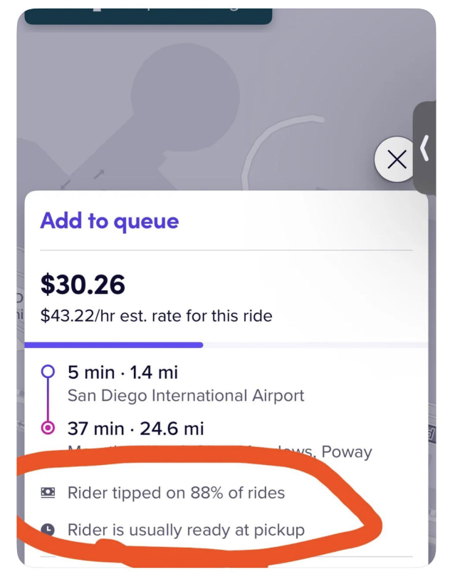 image says "tipped on 88% of rides" and  "usually ready at pick-up"