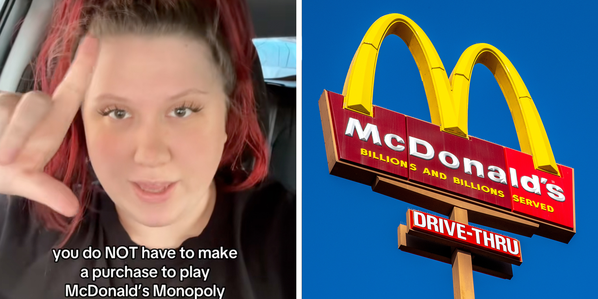 Left: Woman looking into the camera sitting in her car, text overlay reads, "you do NOT have to make a purchase to play McDonald's Monopoly." Right: Thousand Oaks, CA, USA: 2024 Oct. 5. 2024 McDonalds, McDonald's burger fast food restaurant. Sign, logo, angle view