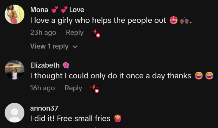 TikTok comments including one reading "I love a girly who helps the people out"